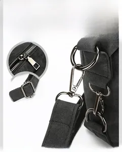 Detail of dark gray matte handbag featuring gunmetal hardware and premium zippers