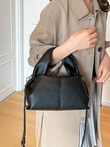 Minimalist black gathered cloud bag in lychee pattern PU leather with shoulder strap