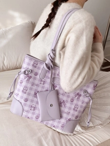 Sac cabas à carreaux lavande avec imprimés de chats et petite pochette assortie