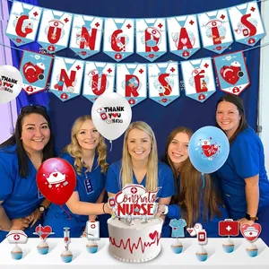 Nurse party decoration set with Congrats Nurse banner, balloons, and themed cake toppers