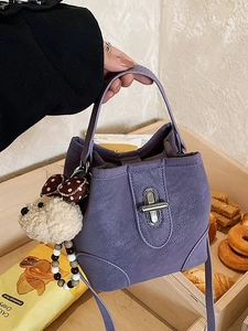 Women's Korean Style PU Leather Bucket Bag Minimalist Lychee Texture Shoulder Bag With Metal Twist Lock Elegant Crossbody Bag