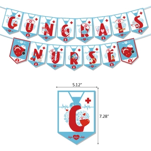 Nurse party banner detail showing Congrats Nurse shields with medical icons and dimensions