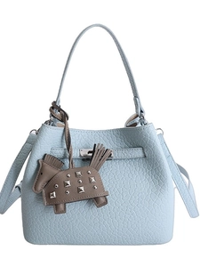 Elegant light blue pebble leather bucket bag with horse charm and silver hardware