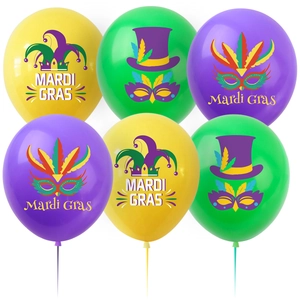 Detail view of colorful Mardi Gras balloons in purple, yellow and green with festive masks