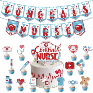 Nurse party decoration set with Congrats Nurses banner and medical theme cake toppers