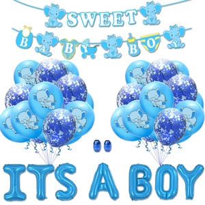 Kit decorazioni blu bimbo con palloncini It's a boy, striscioni elefante e nastri