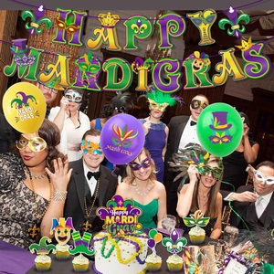 Detailed Mardi Gras party set with HAPPY MARDI GRAS banner, mask cake toppers, and balloons