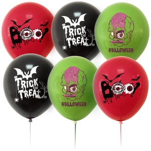 Detailed view of Halloween latex balloons with skull, bat, and spider web prints