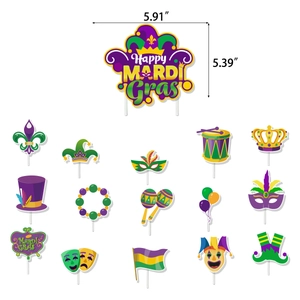 Set of 15 Mardi Gras party cake toppers featuring carnival masks and crown patterns