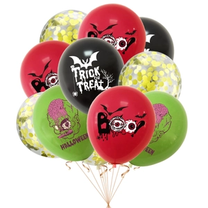 Detail of Halloween balloon set with bats and trick or treat prints plus gold confetti inside