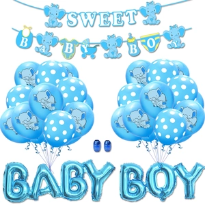 Dettaglio kit decorazioni blu Baby Boy con palloncini a elefante e striscioni dolci