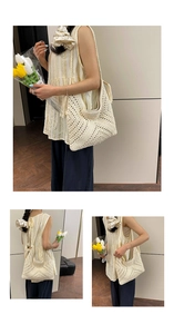 Detail of beige crochet woven shoulder bag featuring geometric cut-outs and fringe tassels