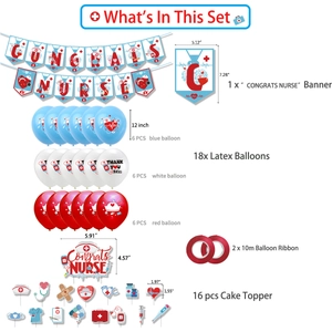 Nurse party decoration set with Congrats Nurse banner, medical balloons and cake toppers