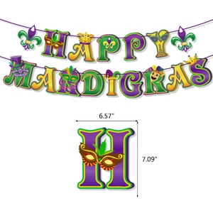 Mardi Gras party banner with purple green gold letters and festive mask decorations