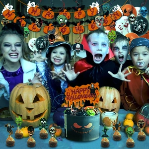 Halloween party decoration set with skull banners, spooky balloons and cake toppers