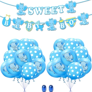 Set decorativo baby shower con elefante blu, striscione Sweet Baby Boy e palloncini in lattice