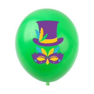 Detail of green Mardi Gras latex balloon featuring purple hat and masquerade mask print
