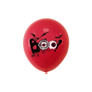 Detail of red latex Halloween balloon with black BOO text and horror eyeball patterns