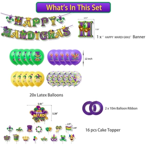 Complete Mardi Gras party set with Happy Mardi Gras banner, balloons and cupcake toppers