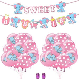 Striscione Baby Girl rosa con disegno di elefante e set di palloncini a pois