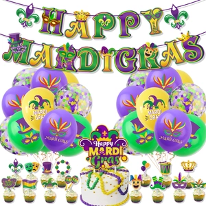 Mardi Gras Party Decorations Set Banner Latex Balloons Cake Toppers Purple Green Gold Festive Carnival Celebration Supplies