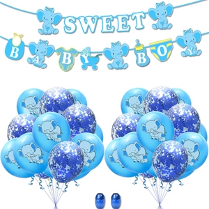 Set decorazioni baby shower con elefante blu, striscione per maschietto e palloncini