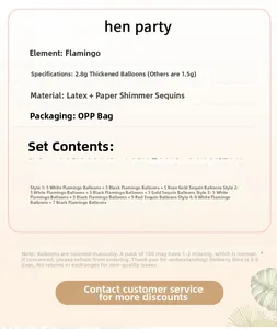 Detail specifications for flamingo hen party latex balloons with confetti and rose gold sets