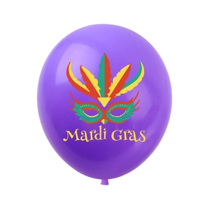 Close-up of a purple Mardi Gras balloon featuring a festive mask and colorful feathers