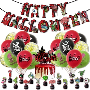 Detailed Halloween party set with zombie banner, horror balloons and cake toppers