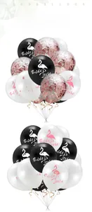 Detail of latex bride to be balloons with swan crown and gold sequins for hen party decor