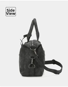 Side view of dark grey matte Boston bag with adjustable strap and metallic hardware