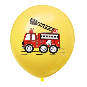 12-inch yellow latex balloon featuring a red cartoon fire truck for party decoration