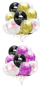 Detail of pink and gold confetti balloons with Bride To Be flamingo print for hen parties