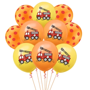 12-inch fire truck party balloons in yellow and orange with red fire engine illustrations