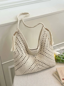 Bohemian cream crochet hobo shoulder bag with fringe tassels and diamond weave pattern