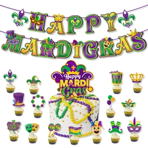 Mardi Gras party decoration set with banners, cake toppers, and themed balloons in purple gold