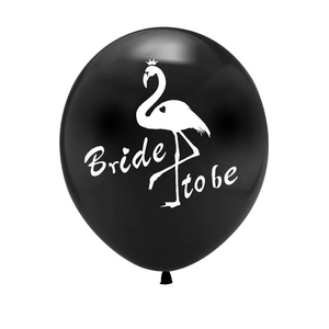 Detail of 12 inch black latex balloon with white flamingo and Bride to be lettering