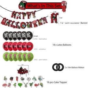 Halloween party decorations set with Happy Halloween banner, balloons, and cake toppers