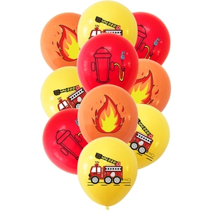 Fire truck birthday party balloons in red, yellow and orange with cartoon fire engine prints