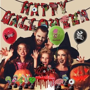 Halloween party decoration set with zombie style banners, balloons and cake toppers