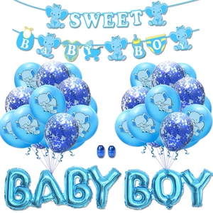 Set decorazioni Baby Shower bimbo blu con striscioni a elefante e palloncini
