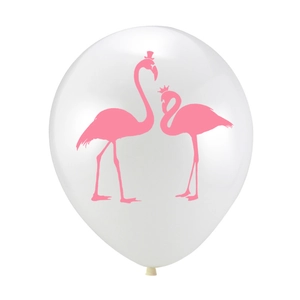 Close-up of white latex balloon with pink flamingos wearing crown and hat for bridal party