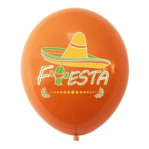 Orange fiesta party balloon featuring a festive sombrero and cactus print decoration