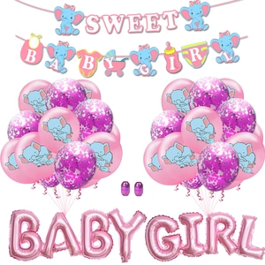 Set decorativo Baby Shower per bambina con elefante rosa, banner e palloncini in foil