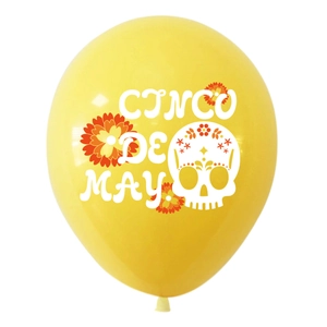 Bright yellow Cinco De Mayo party balloon with skull and floral festive patterns