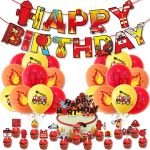 Fire truck birthday party kit with Happy Birthday banner, cake toppers and colorful balloons