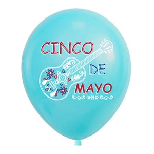 Detail of blue Cinco de Mayo balloon featuring a white guitar and festive floral patterns