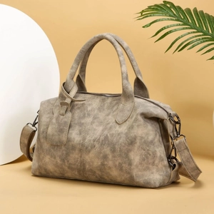 Retro grey-brown Boston handbag with matte leather texture and adjustable shoulder strap