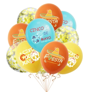 Cinco De Mayo party balloons set featuring festive Mexican patterns and gold confetti