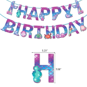 Kit Décoration Fête Anniversaire Sirène Bannière Dégradé Violet Bleu Cake Toppers Joyeux Anniversaire Thème Océan